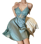 LuckeLadybug LLC lace satin camisole nightgown in a soft blue fabric with delicate lace detailing