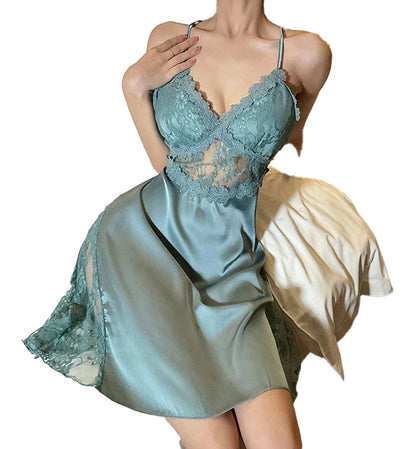 LuckeLadybug lace satin camisole nightgown in teal with lace details and a flared hem