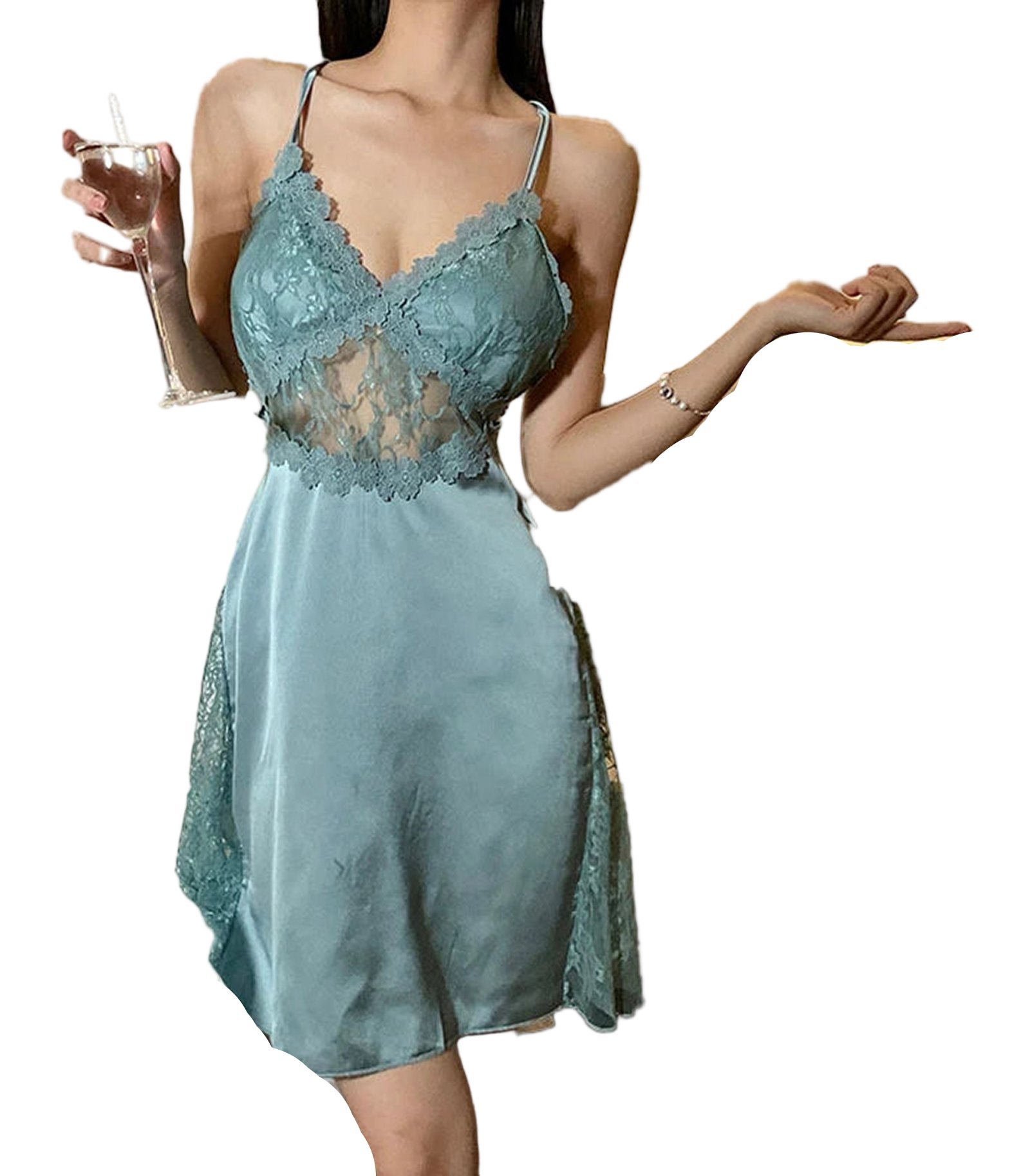LuckeLadybug lace satin camisole nightgown in teal with delicate lace detailing and adjustable straps