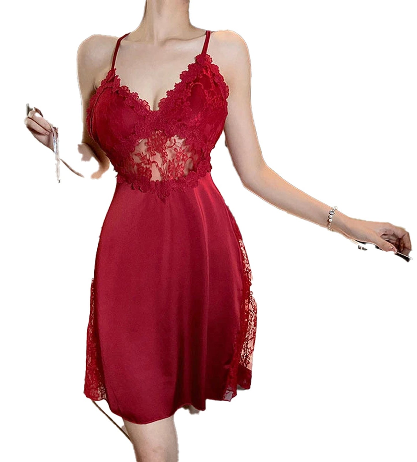 Beautiful red lace satin camisole nightgown with elegant lace detailing and adjustable straps