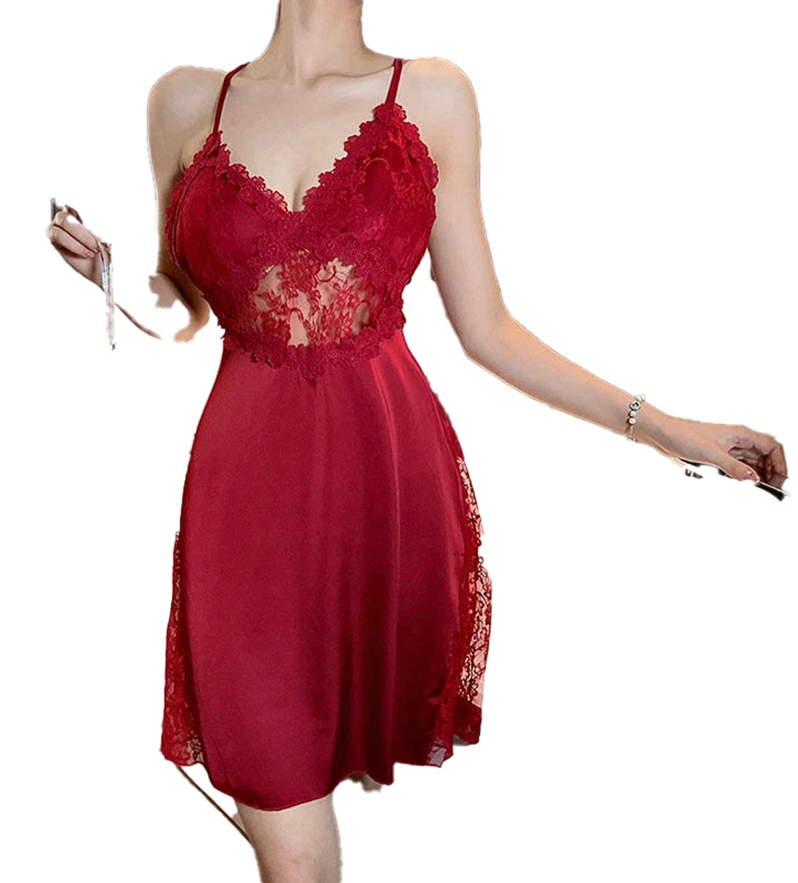 Beautiful red lace satin camisole nightgown with elegant lace detailing and adjustable straps