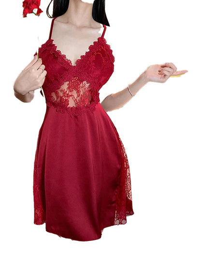 Elegant lace satin camisole nightgown in rich burgundy with delicate lace detailing