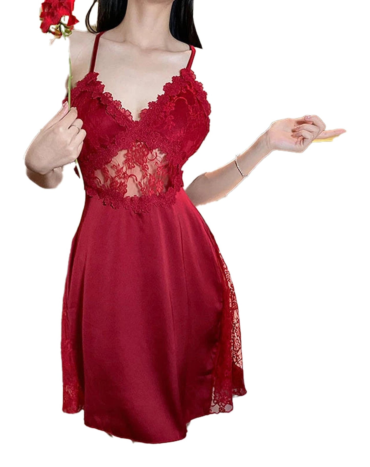 Red lace satin camisole nightgown featuring delicate lace detailing and adjustable straps