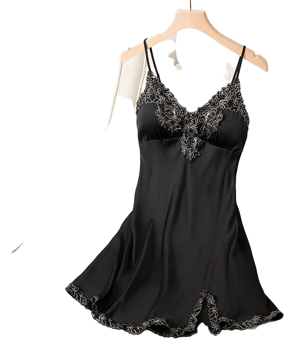 Elegant black lace satin nightdress for women with floral embroidery and flattering fit