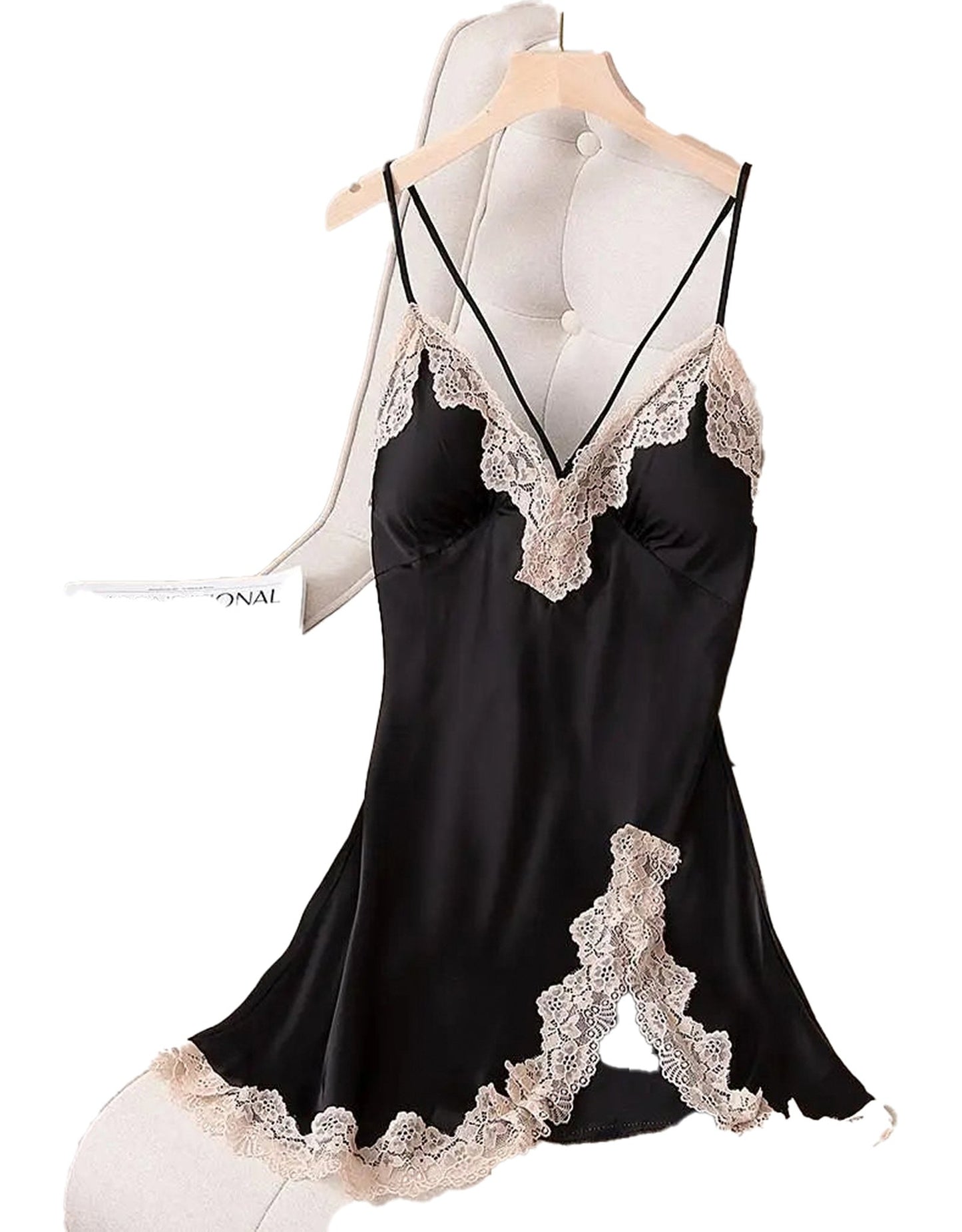 Elegant black lace satin nightdress for women with delicate lace detailing and adjustable straps