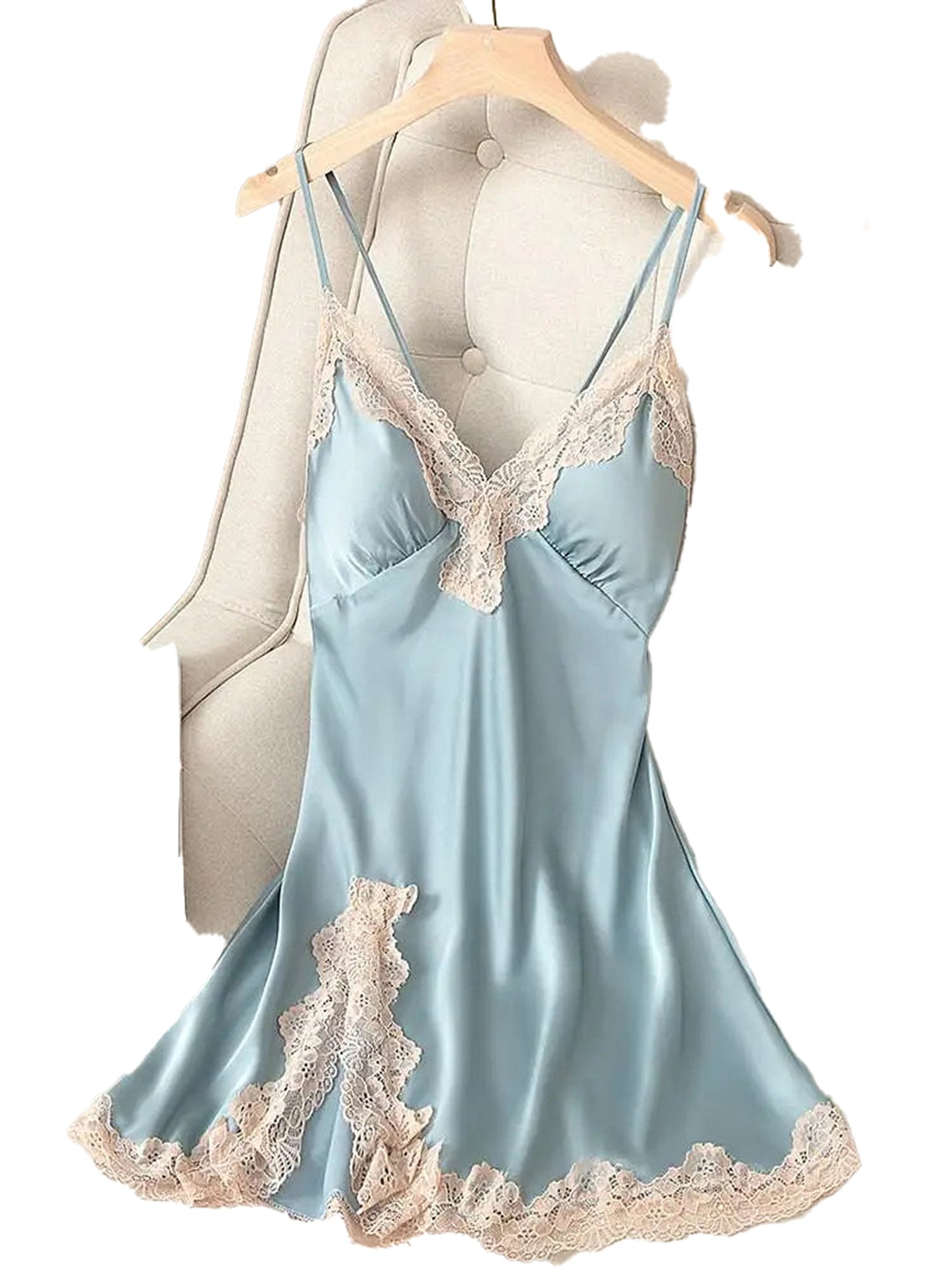 Light blue lace satin nightdress for women with elegant lace trim and spaghetti straps