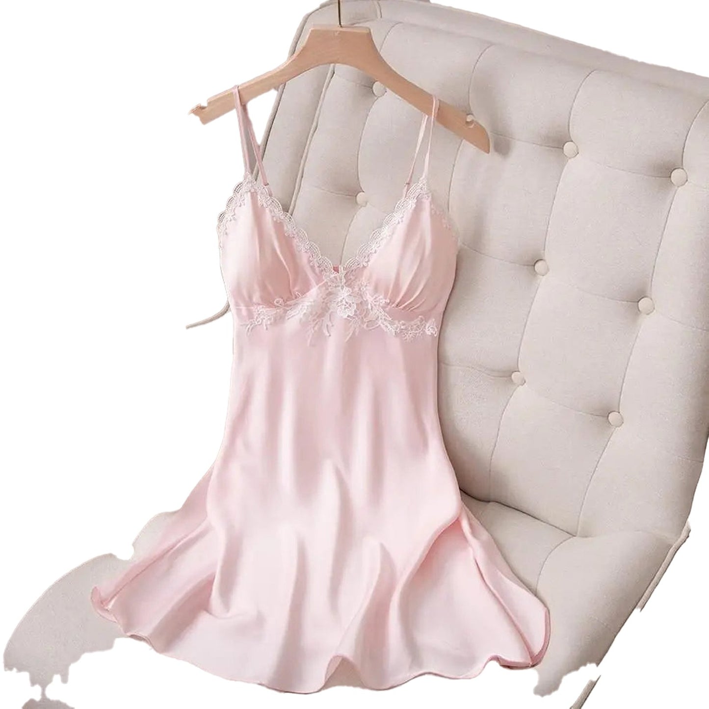 Pink lace satin nightdress for women with delicate straps and floral details