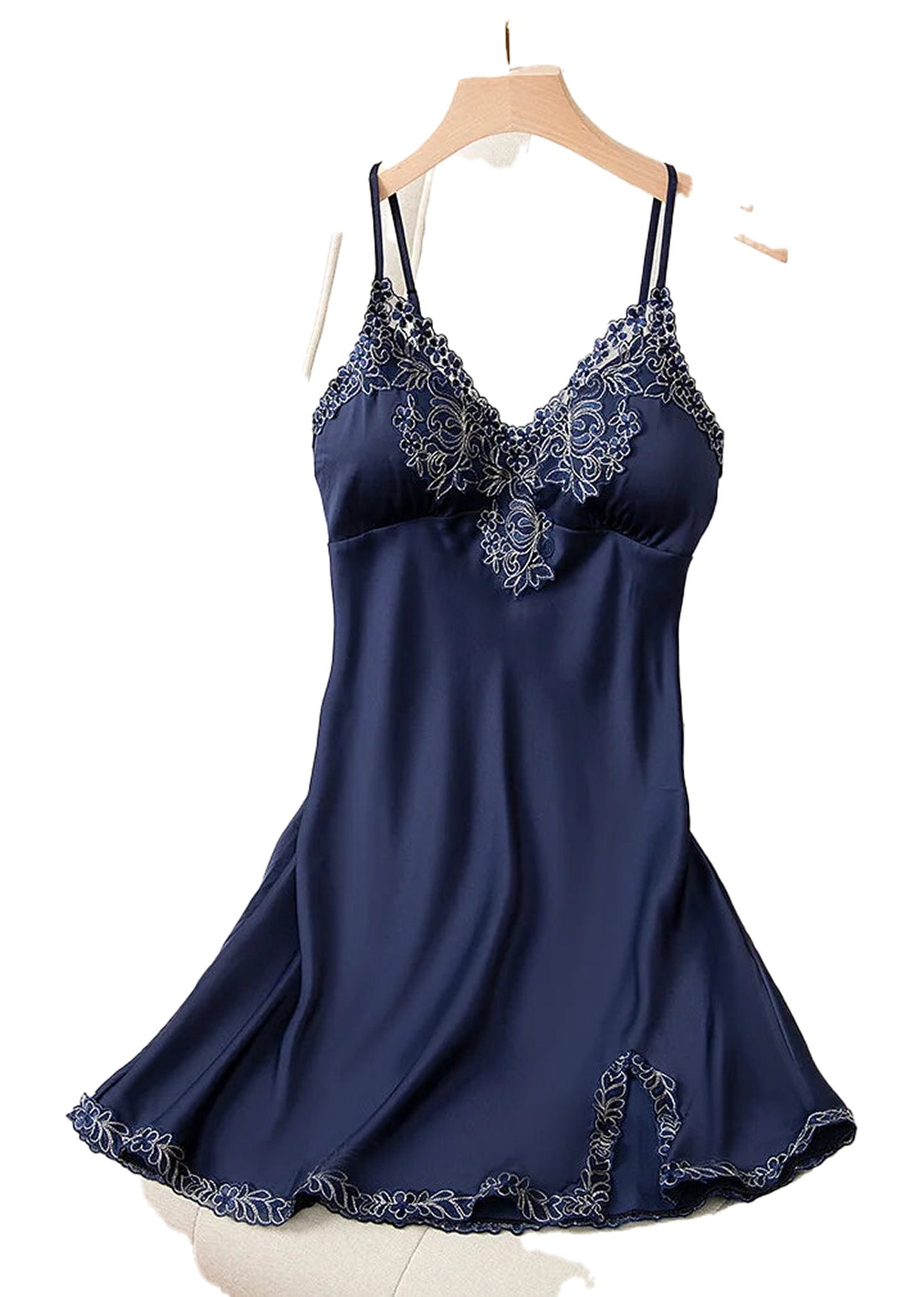 Navy lace satin nightdress for women with elegant embroidery and delicate straps