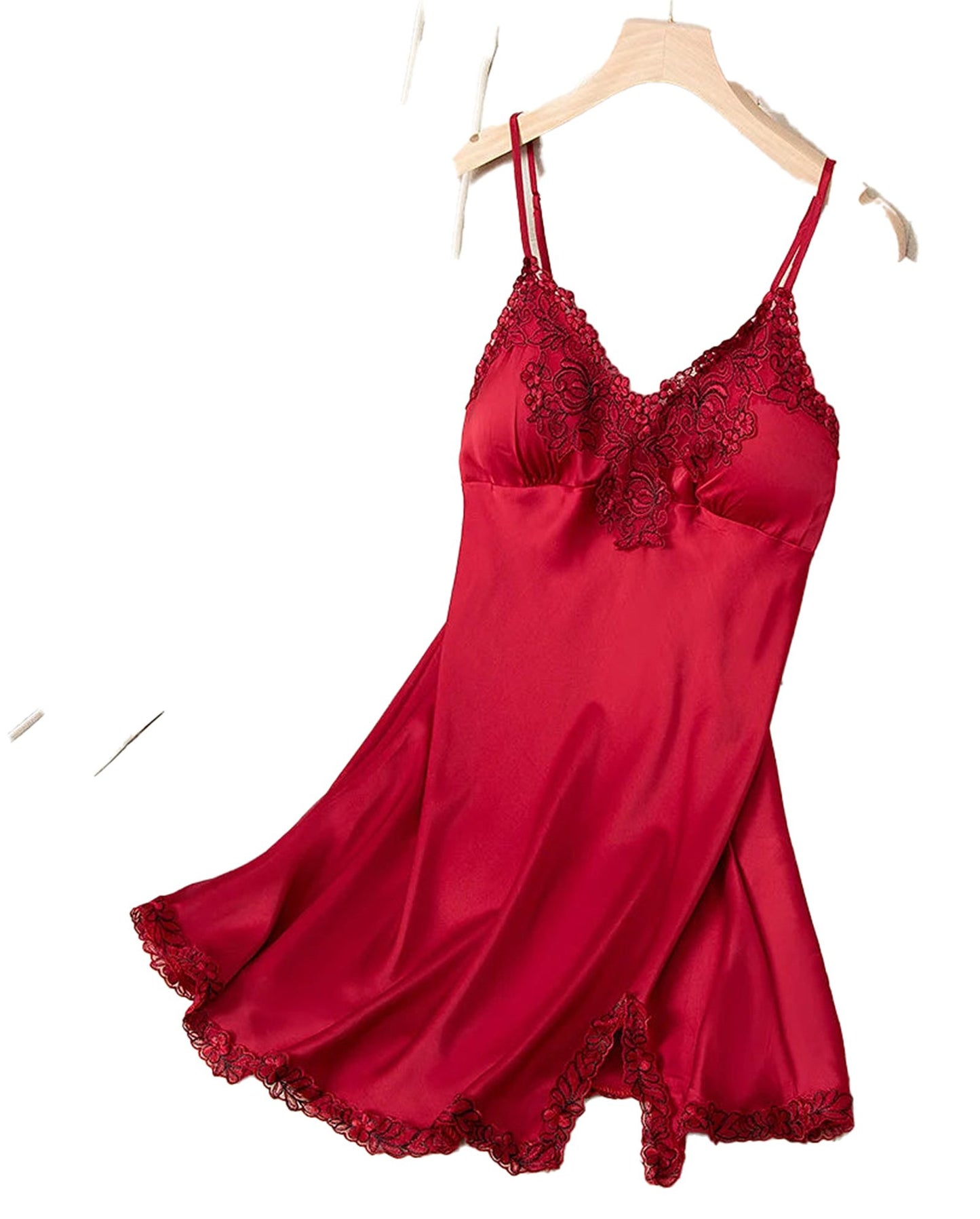 Red lace satin nightdress for women featuring delicate lace trim and adjustable spaghetti straps