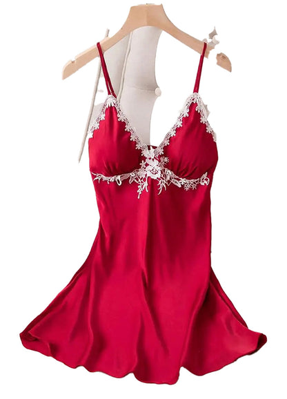 Red LuckeLadybug lace satin nightdress for women with delicate lace detailing and adjustable straps
