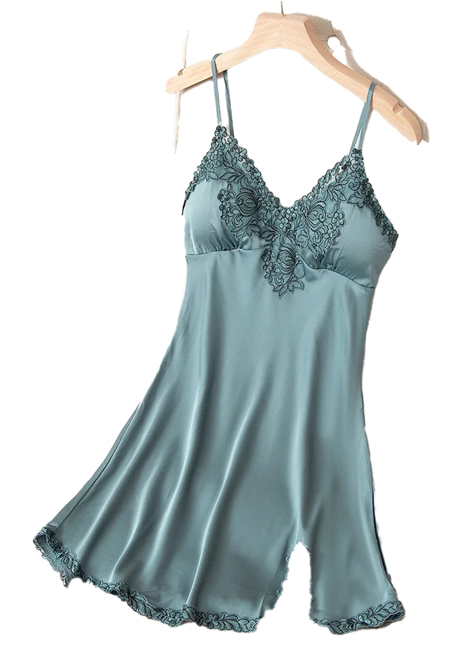 Lace satin nightdress for women in teal with elegant detailing and adjustable straps