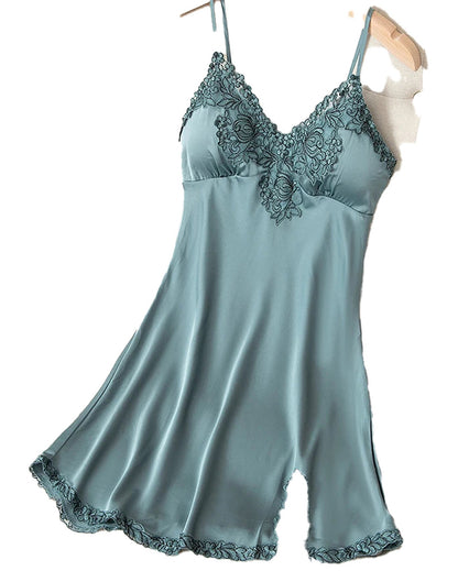 Elegant lace satin nightdress for women in teal with floral lace detailing and adjustable straps