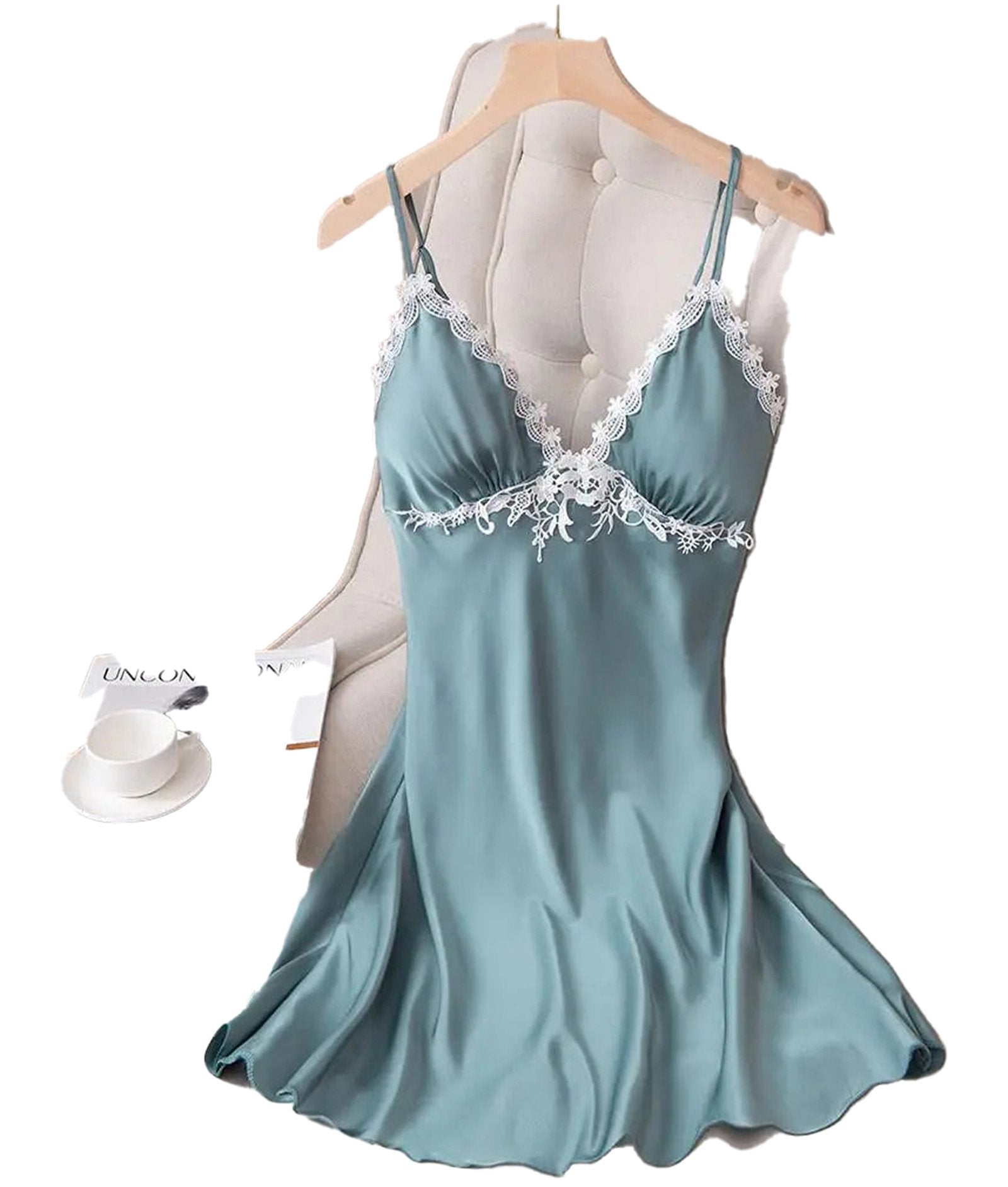 LuckeLadybug LLC lace satin nightdress for women in soft teal color with elegant lace detailing