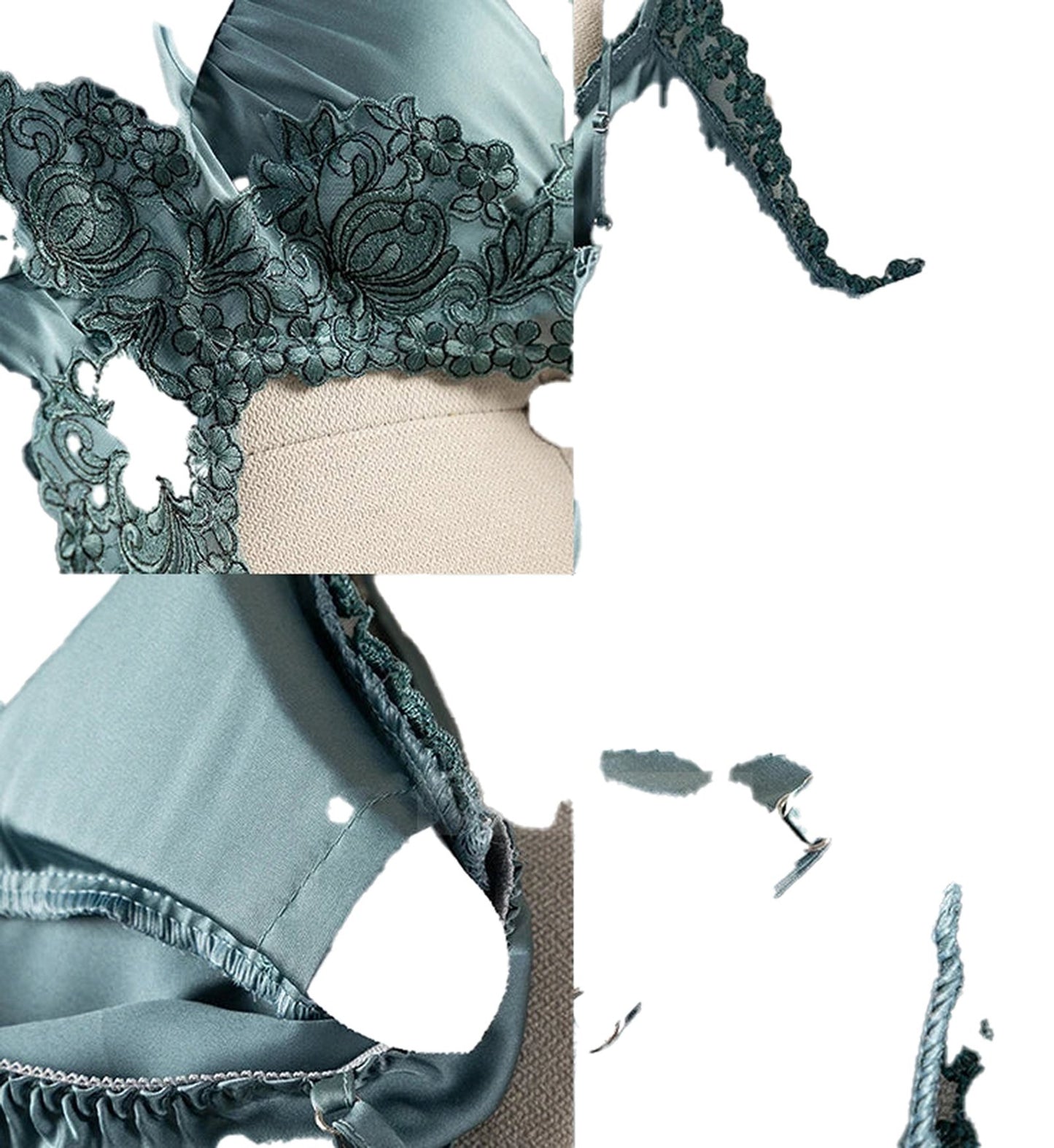 Detail of LuckeLadybug LLC lace satin nightdress for women showcasing intricate floral lace and soft satin