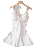 Elegant white lace satin nightdress for women with delicate detailing and adjustable straps