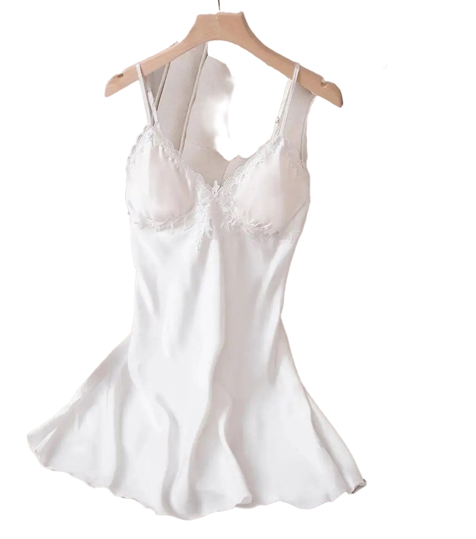 Elegant white lace satin nightdress for women with delicate detailing and adjustable straps