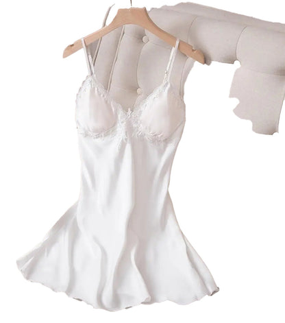 Elegant white lace satin nightdress for women with delicate detailing and adjustable straps