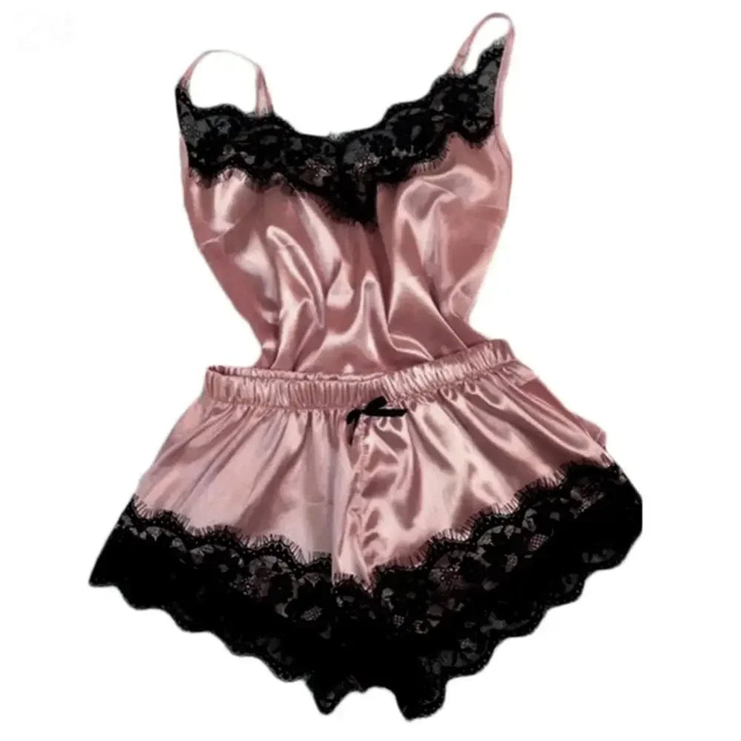 Lace satin pajama set for women in soft pink with black lace trim and comfortable fit