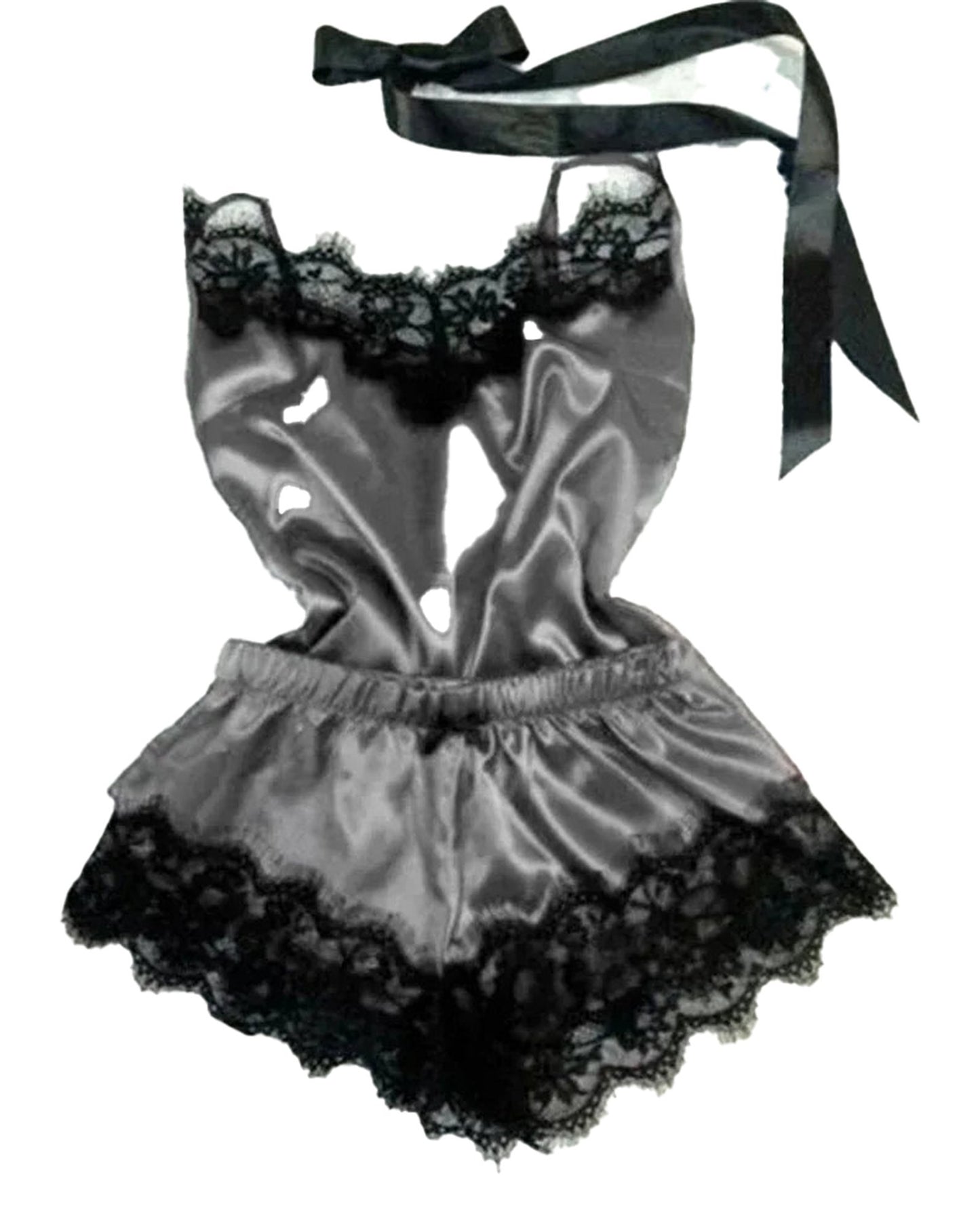 Lace satin pajama set for women featuring elegant black lace detailing and a stylish tie closure