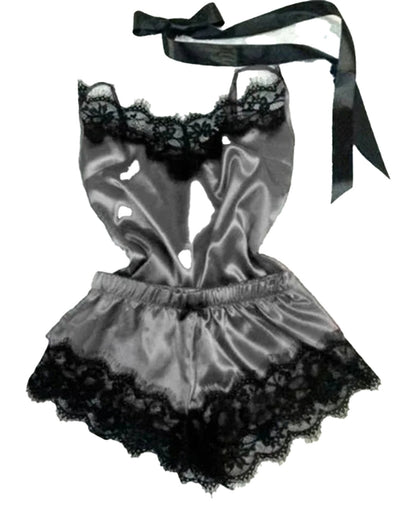 Lace satin pajama set for women featuring elegant black lace detailing and a stylish tie closure