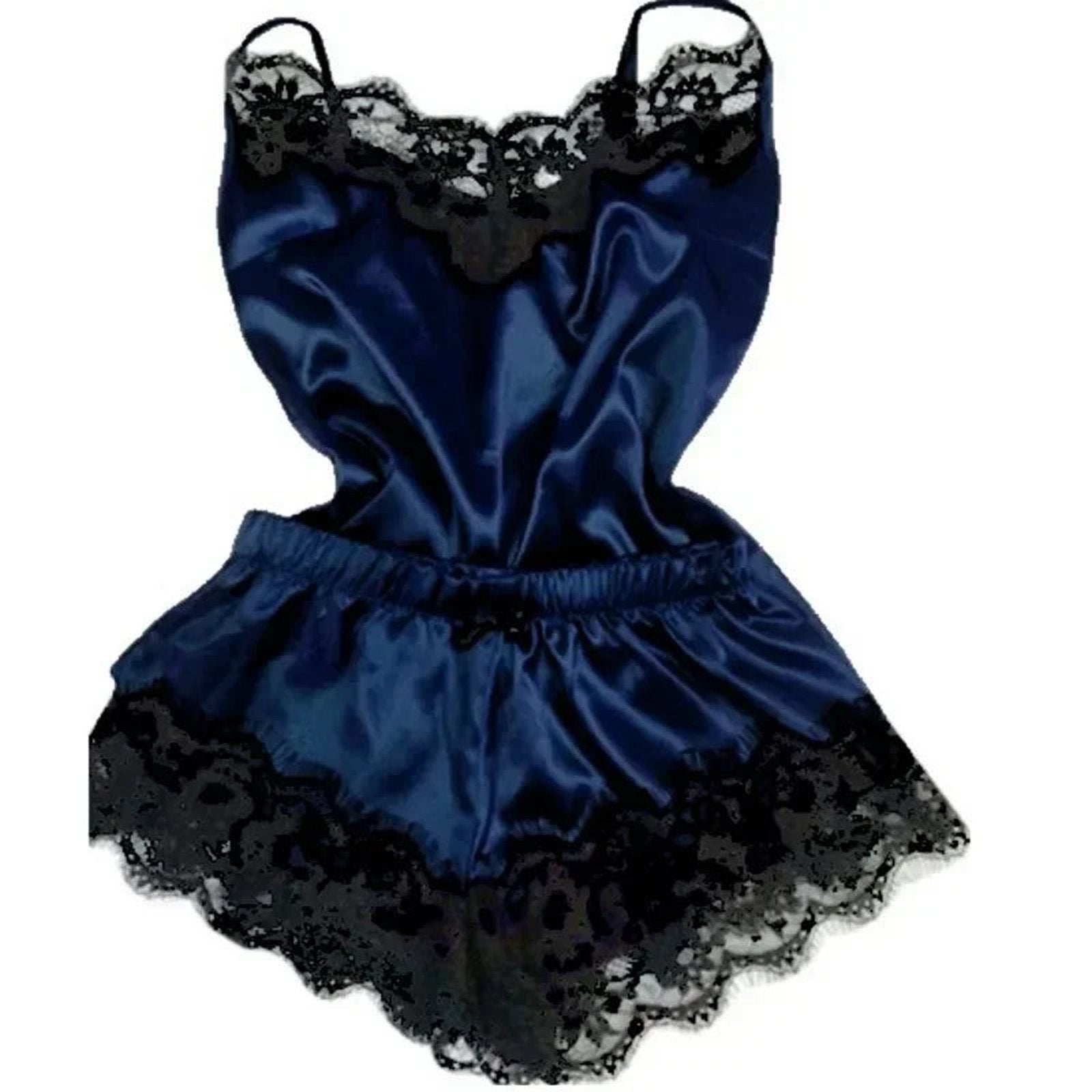 Navy blue lace satin pajama set for women with delicate lace trim and adjustable straps