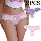 Lace Satin Thongs For Women 2pcs Set