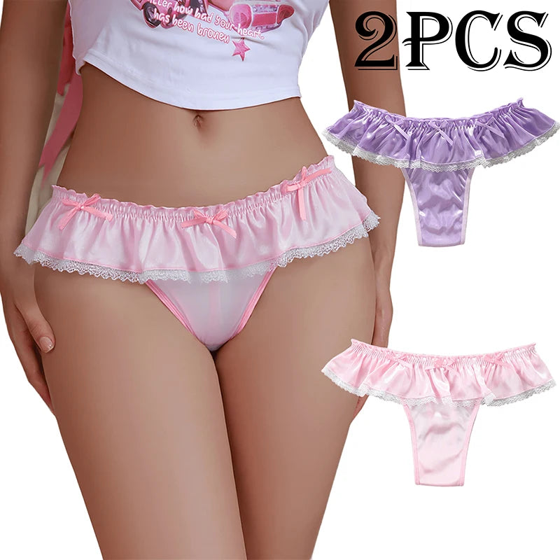 Lace Satin Thongs For Women 2pcs Set