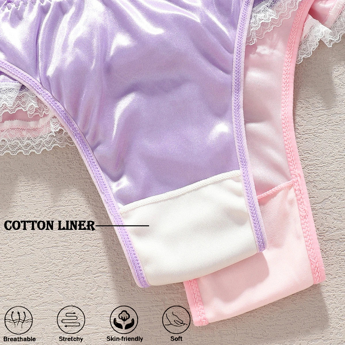 Lace Satin Thongs For Women 2pcs Set