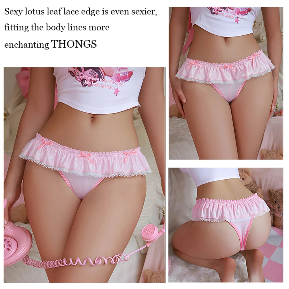 Lace Satin Thongs For Women 2pcs Set