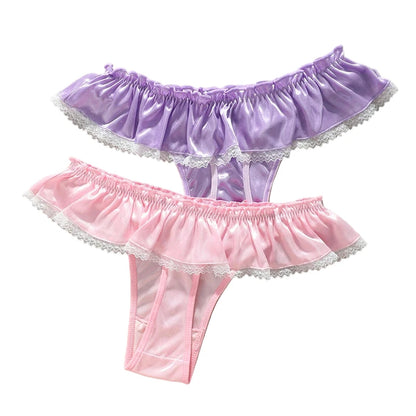 Lace Satin Thongs For Women 2pcs Set
