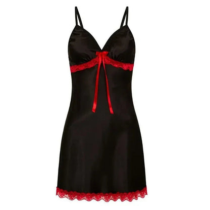 LuckeLadybug lace suspender nightgown women in black satin with red lace trim and ribbon details