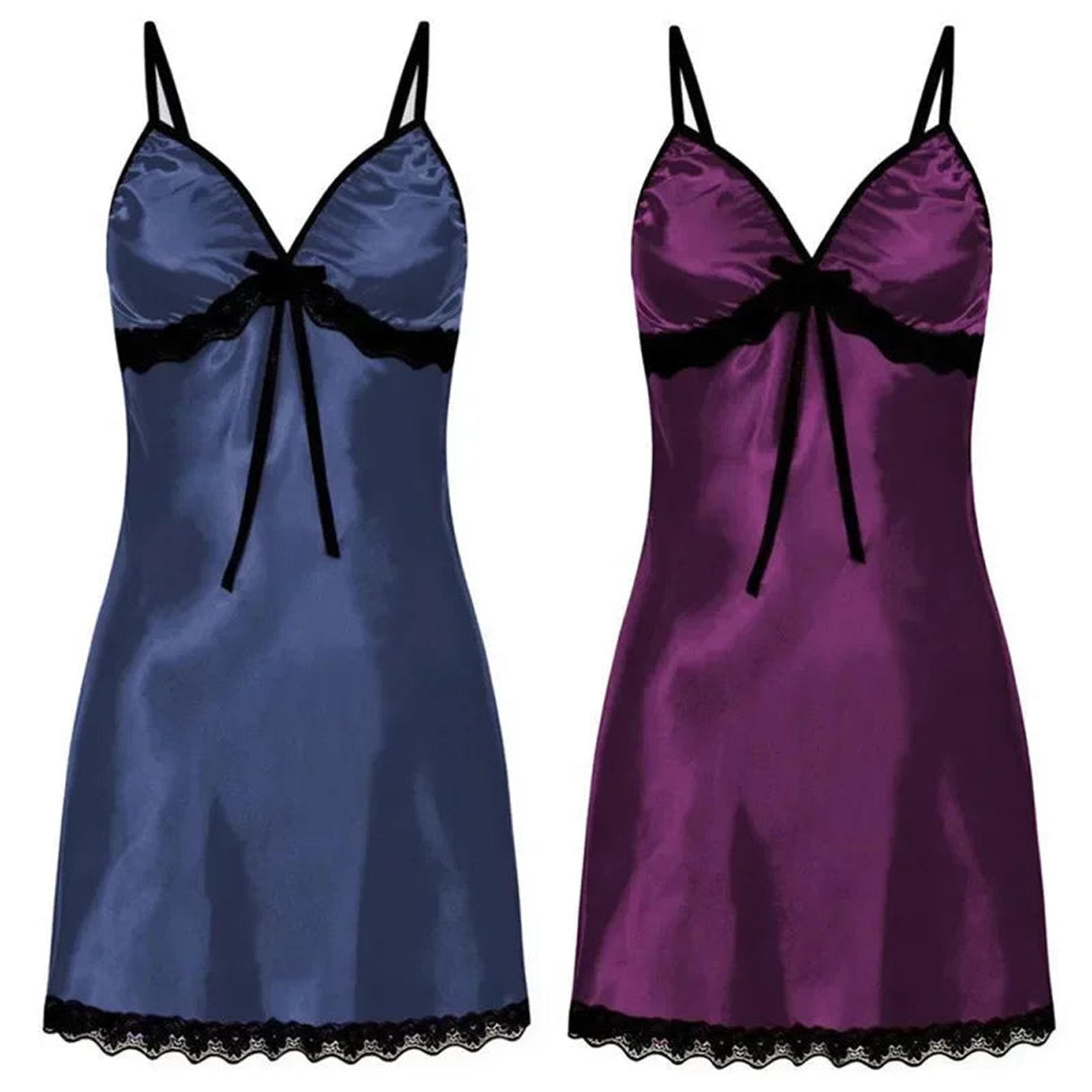 LuckeLadybug LLC lace suspender nightgown women in navy blue and purple with satin finish and lace trim