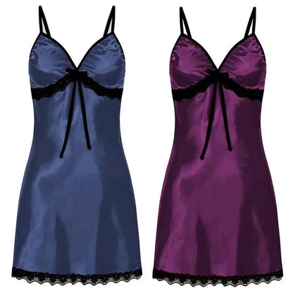 LuckeLadybug LLC lace suspender nightgown women in navy blue and purple with satin finish and lace trim