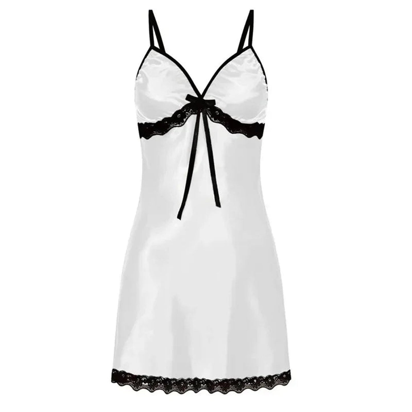 Elegant lace suspender nightgown women in white satin with black lace accents from LuckeLadybug LLC