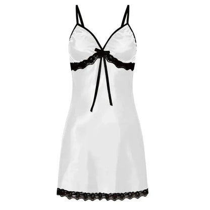 Elegant lace suspender nightgown women in white satin with black lace accents from LuckeLadybug LLC