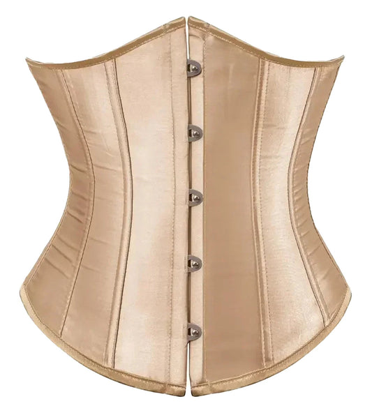 Satin beige lace up corset top for women with a structured design and metal hook closures