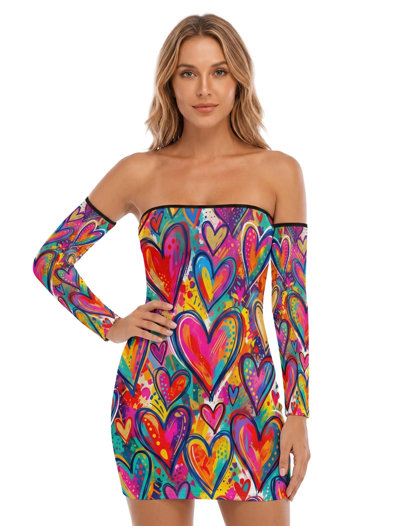 Colorful bodycon dress featuring vibrant heart patterns, perfect for pairing with lace-up dress boots women