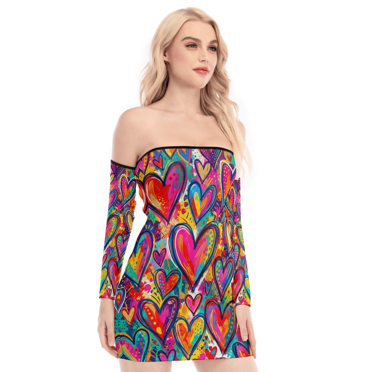 LuckeLadybug off-shoulder colorful bodycon dress featuring vibrant heart prints, perfect for pairing with lace-up dress boots women.
