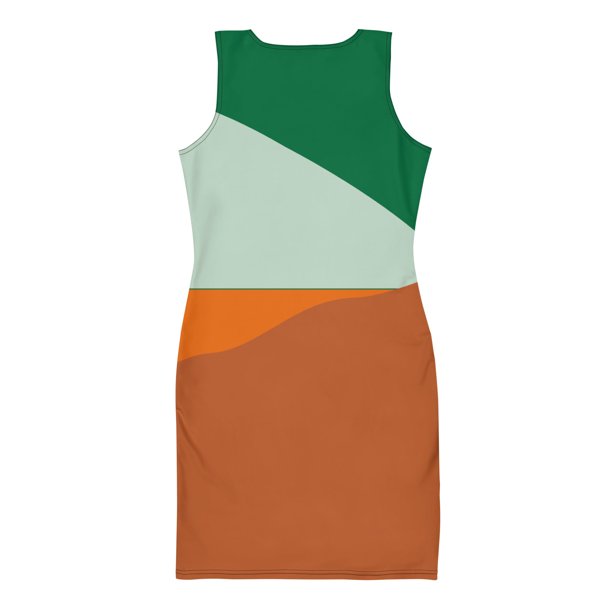 Colorblock sleeveless bodycon dress for women with green, light gray, orange, and brown sections