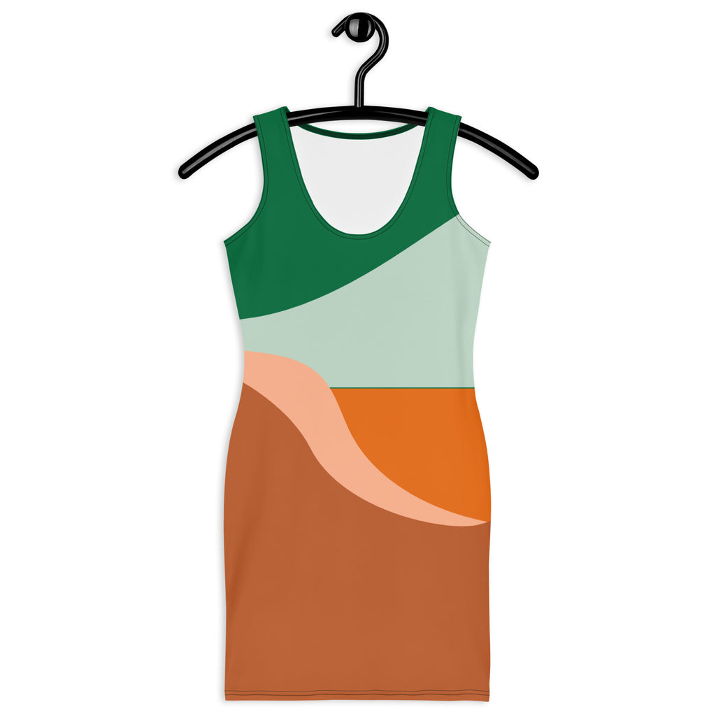 Colorful sleeveless bodycon dress for women with green, light blue, orange, peach, and brown abstract pattern