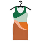 Colorful sleeveless bodycon dress for women with green, light blue, orange, peach, and brown abstract pattern