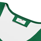 Close-up of LuckeLadybug green bodycon dress for women neckline and label detail