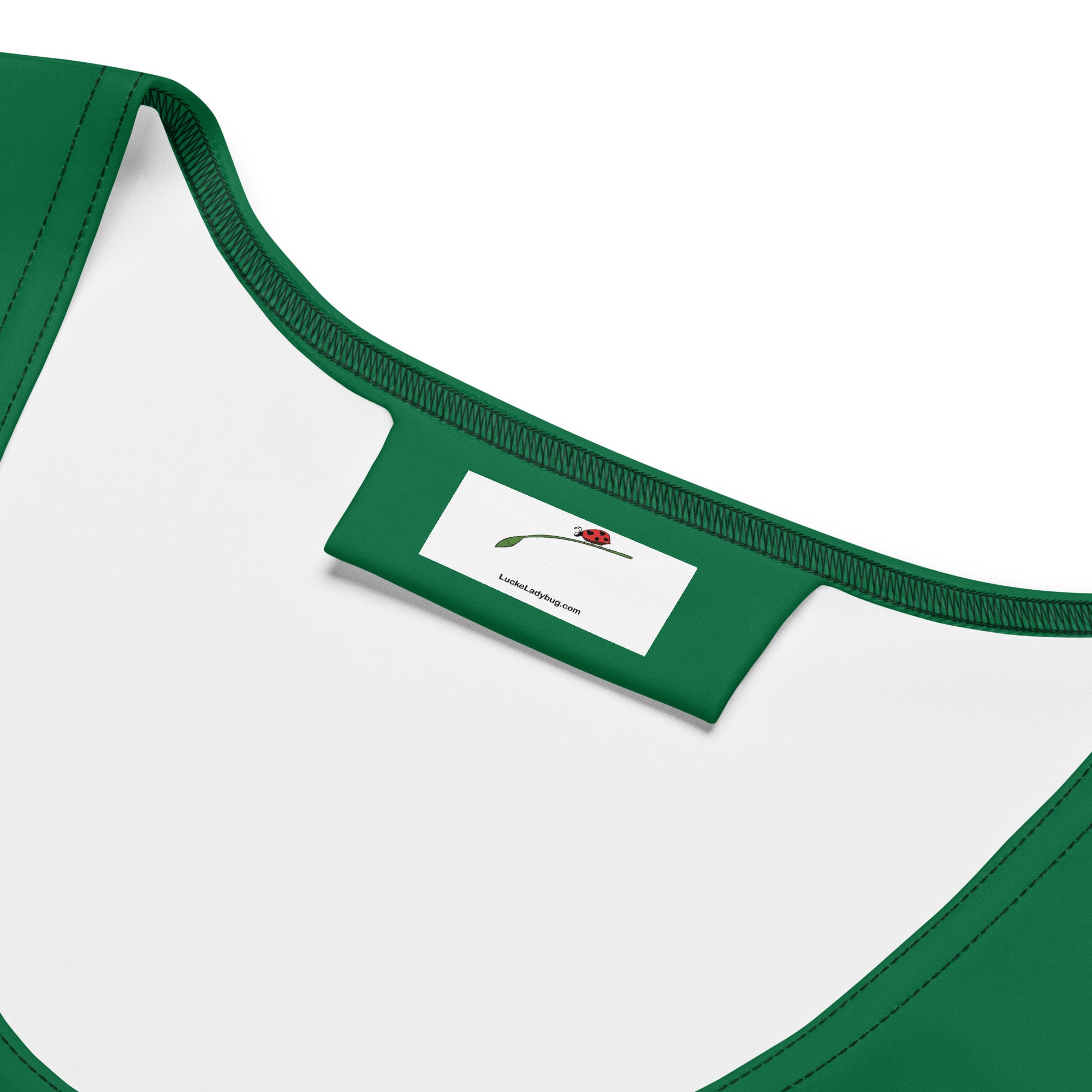Close-up of LuckeLadybug green bodycon dress for women neckline and label detail