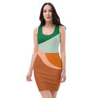 Color block bodycon dress for women with green, light blue, orange, and brown panels by LuckeLadybug