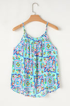 White Rhinestone Boho Floral Printed Spaghetti Strap Tank Top