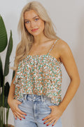 White Boho Floral Spaghetti Strap Ruffle Summer Tank Top