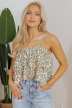White Boho Floral Spaghetti Strap Ruffle Summer Tank Top