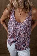Yellow Boho Floral Pleated Buttoned Front Tank Top