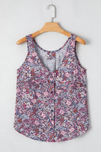 Yellow Boho Floral Pleated Buttoned Front Tank Top