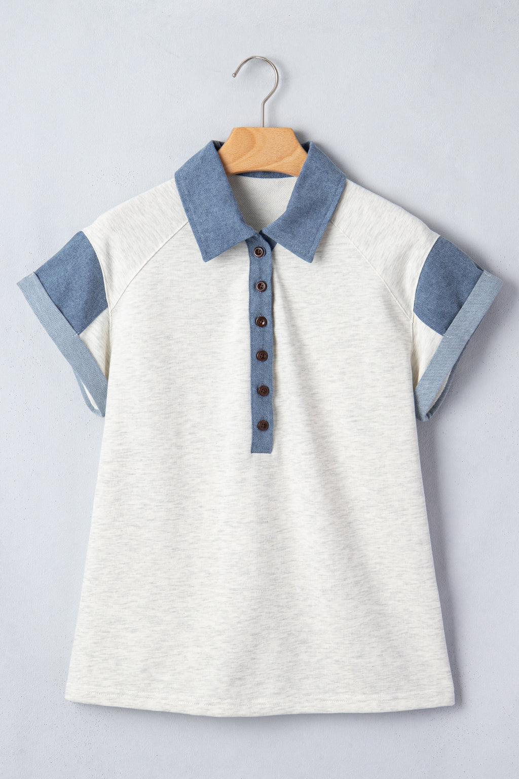 LuckeLadybug ladies denim blouse with short sleeves and button placket in a casual style